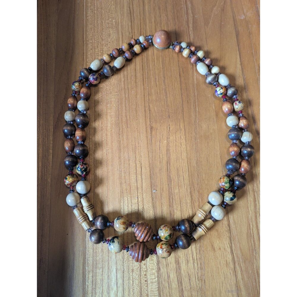Vintage Bohemian Double Strand Wood Beaded Necklace - 25"